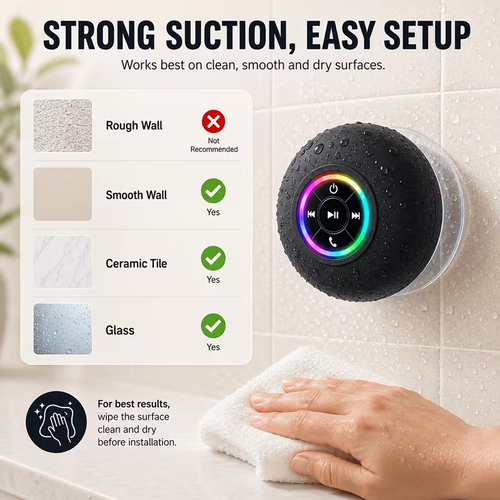 Pack Tragbarer Bluetooth-Duschlautsprecher mit Saugnapf, dynamische RGB-Beleuchtung, klarer kraftvoller Sound, kabelloser Badezimmerlautsprecher für Zuhause, Camping, Reisen, Partys, Halloween- & Weihnachtsgeschenke