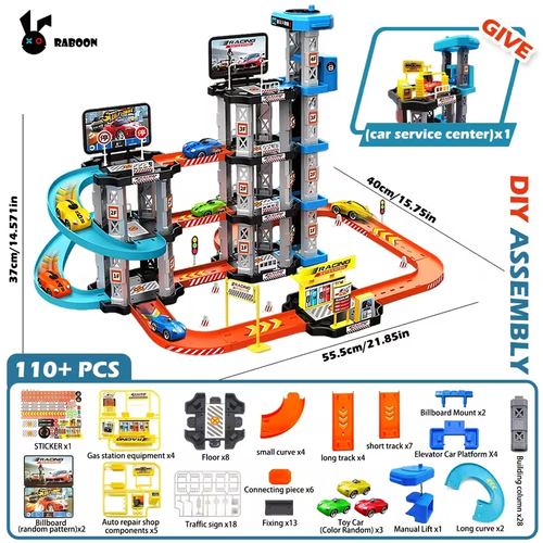 City Racing Multi-Layer Rennbahn Spielzeug Set (Inklusive 3 Spielzeug Rennautos, Auto Reparaturwerkstatt, Drift Strecke und Tankstelle) Montage Modell, Fördert Praktisches Denken und Koordinationsfähigkeit