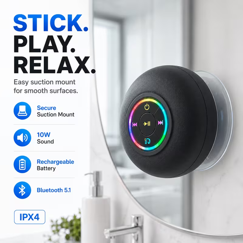 Pack Tragbarer Bluetooth-Duschlautsprecher mit Saugnapf, dynamische RGB-Beleuchtung, klarer kraftvoller Sound, kabelloser Badezimmerlautsprecher für Zuhause, Camping, Reisen, Partys, Halloween- & Weihnachtsgeschenke