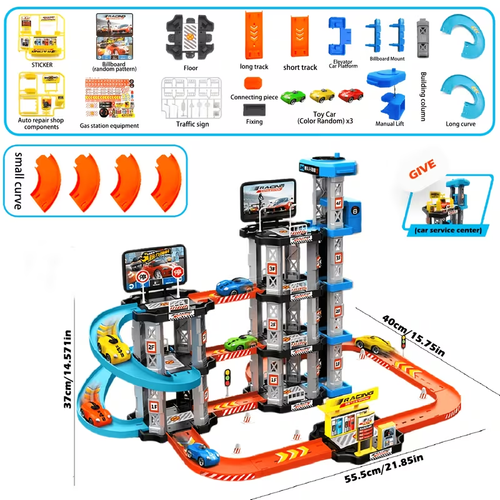 City Racing Multi-Layer Rennbahn Spielzeug Set (Inklusive 3 Spielzeug Rennautos, Auto Reparaturwerkstatt, Drift Strecke und Tankstelle) Montage Modell, Fördert Praktisches Denken und Koordinationsfähigkeit