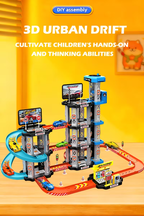 City Racing Multi-Layer Rennbahn Spielzeug Set (Inklusive 3 Spielzeug Rennautos, Auto Reparaturwerkstatt, Drift Strecke und Tankstelle) Montage Modell, Fördert Praktisches Denken und Koordinationsfähigkeit