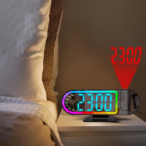 LED-Projektions-Wecker, LED-Wecker mit Farbwechsel 180°-Umdrehfunktion zum Projizieren der Uhrzeit auf Wände oder Decken, USB-betrieben mit Memory-Funktion