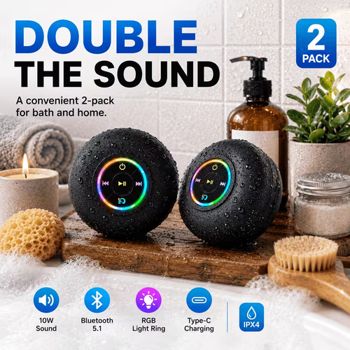 Pack Tragbarer Bluetooth-Duschlautsprecher mit Saugnapf, dynamische RGB-Beleuchtung, klarer kraftvoller Sound, kabelloser Badezimmerlautsprecher für Zuhause, Camping, Reisen, Partys, Halloween- & Weihnachtsgeschenke
