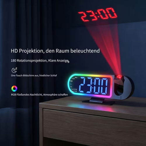 LED-Projektions-Wecker, LED-Wecker mit Farbwechsel 180°-Umdrehfunktion zum Projizieren der Uhrzeit auf Wände oder Decken, USB-betrieben mit Memory-Funktion
