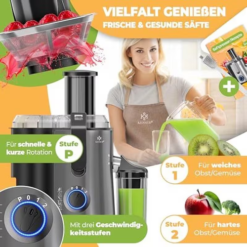 KESSER Entsafter Zentrifuge fuer Obst und Gemuese, Edelstahl 1100W Saftpresse mit grosser Einfuelloeffnung, 3 Stufen, Mikro-Sieb, inkl. Buerste, Saftbehaelter und Rezeptbuch
