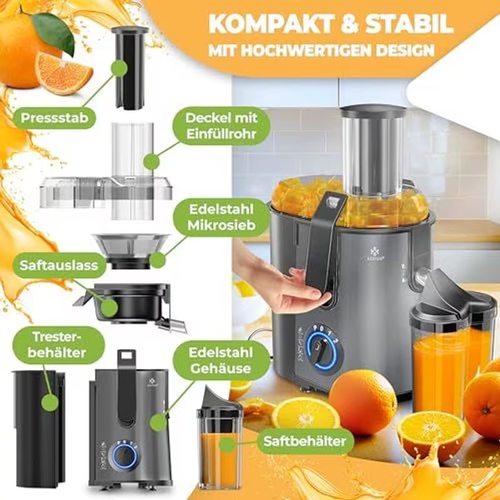 KESSER Entsafter Zentrifuge fuer Obst und Gemuese, Edelstahl 1100W Saftpresse mit grosser Einfuelloeffnung, 3 Stufen, Mikro-Sieb, inkl. Buerste, Saftbehaelter und Rezeptbuch