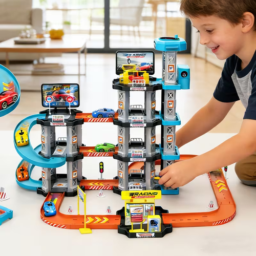 City Racing Multi-Layer Rennbahn Spielzeug Set (Inklusive 3 Spielzeug Rennautos, Auto Reparaturwerkstatt, Drift Strecke und Tankstelle) Montage Modell, Fördert Praktisches Denken und Koordinationsfähigkeit
