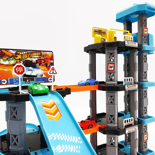 City Racing Multi-Layer Rennbahn Spielzeug Set (Inklusive 3 Spielzeug Rennautos, Auto Reparaturwerkstatt, Drift Strecke und Tankstelle) Montage Modell, Fördert Praktisches Denken und Koordinationsfähigkeit