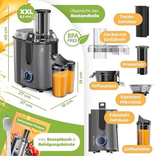KESSER Entsafter Zentrifuge fuer Obst und Gemuese, Edelstahl 1100W Saftpresse mit grosser Einfuelloeffnung, 3 Stufen, Mikro-Sieb, inkl. Buerste, Saftbehaelter und Rezeptbuch