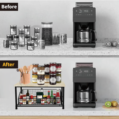 2-Tier Microwave Storage Rack with Pull-Out Drawer Basket