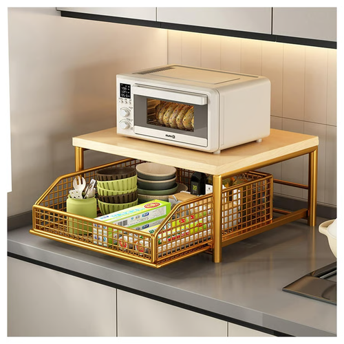 2-Tier Microwave Storage Rack with Pull-Out Drawer Basket