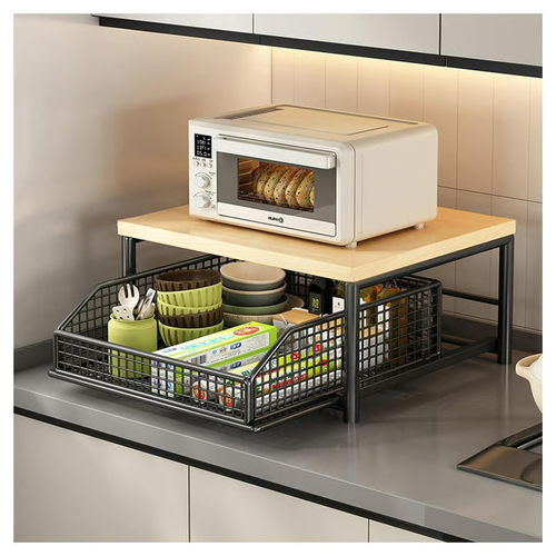 2-Tier Microwave Storage Rack with Pull-Out Drawer Basket