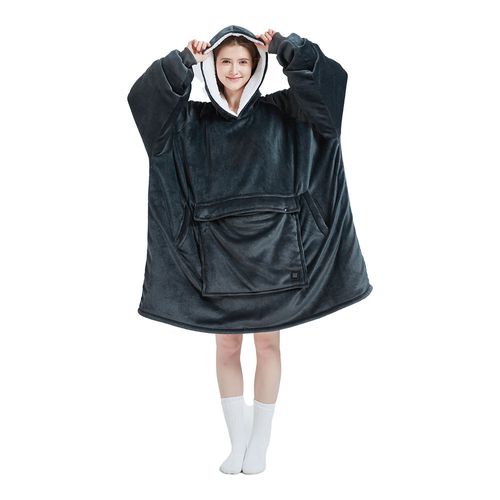 Classic Dark Grey Color Cozy Oversized Fluffy Sherpa Winter Warm Wearable Heated Electric Hoodie Blanket for Adults