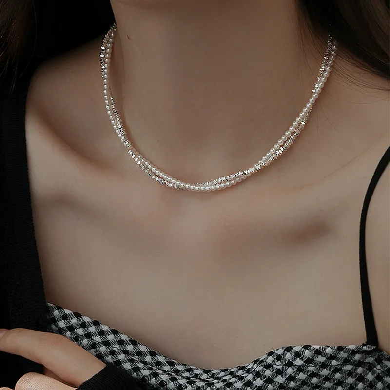 Pearl geometric silver necklace, non-fading fashion clavicle necklace