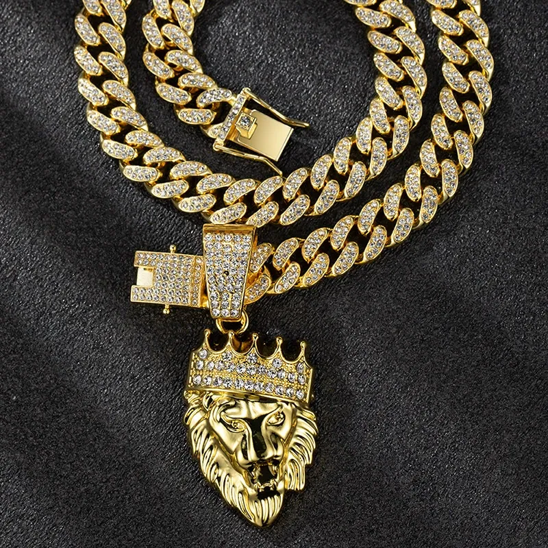Hot selling long necklace Cuban chain crown lion head necklace hip hop trendy men's accessories（ Delivery in 3 days ）