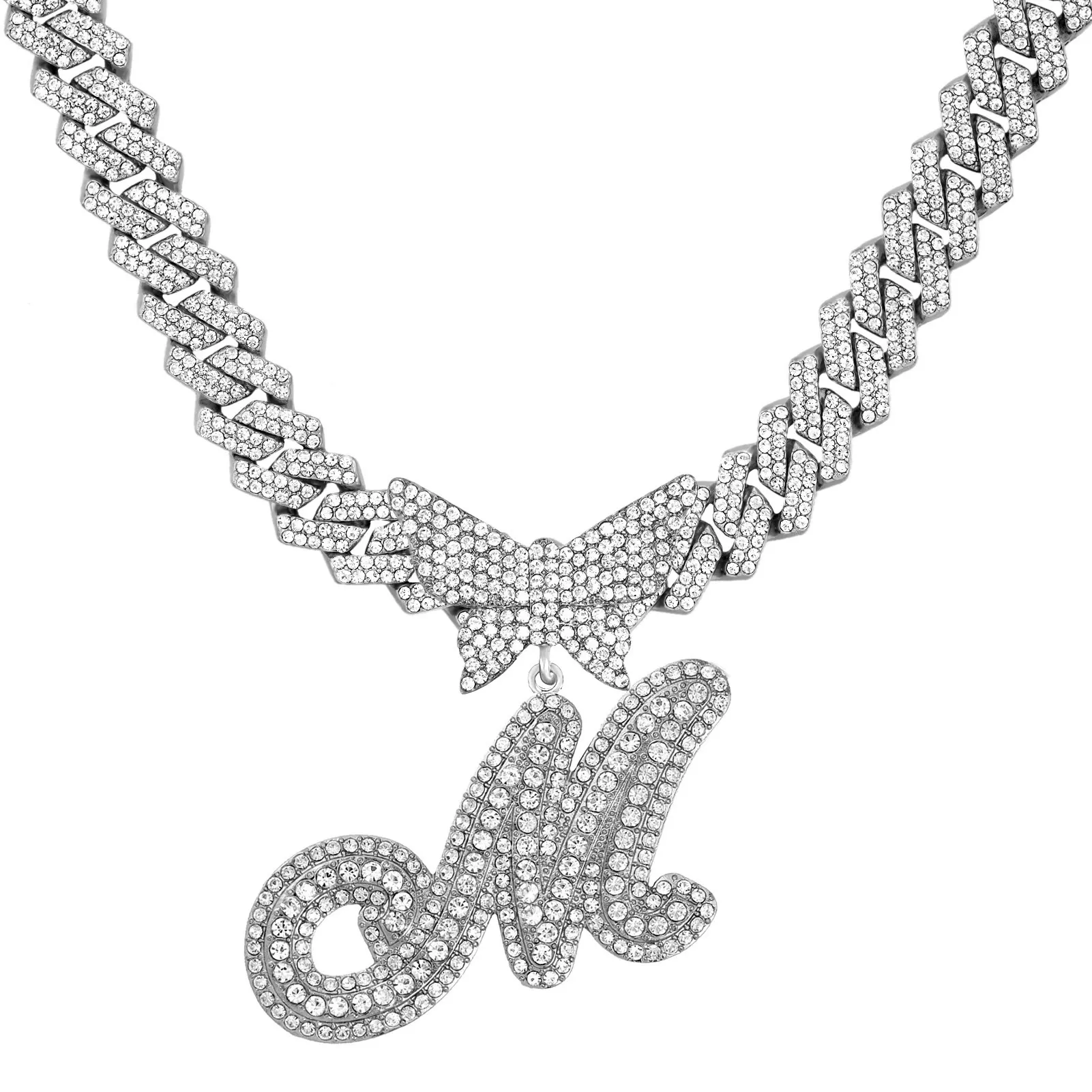 Popular butterfly buckle full diamond hip-hop pendant, M English letter rhinestone necklace