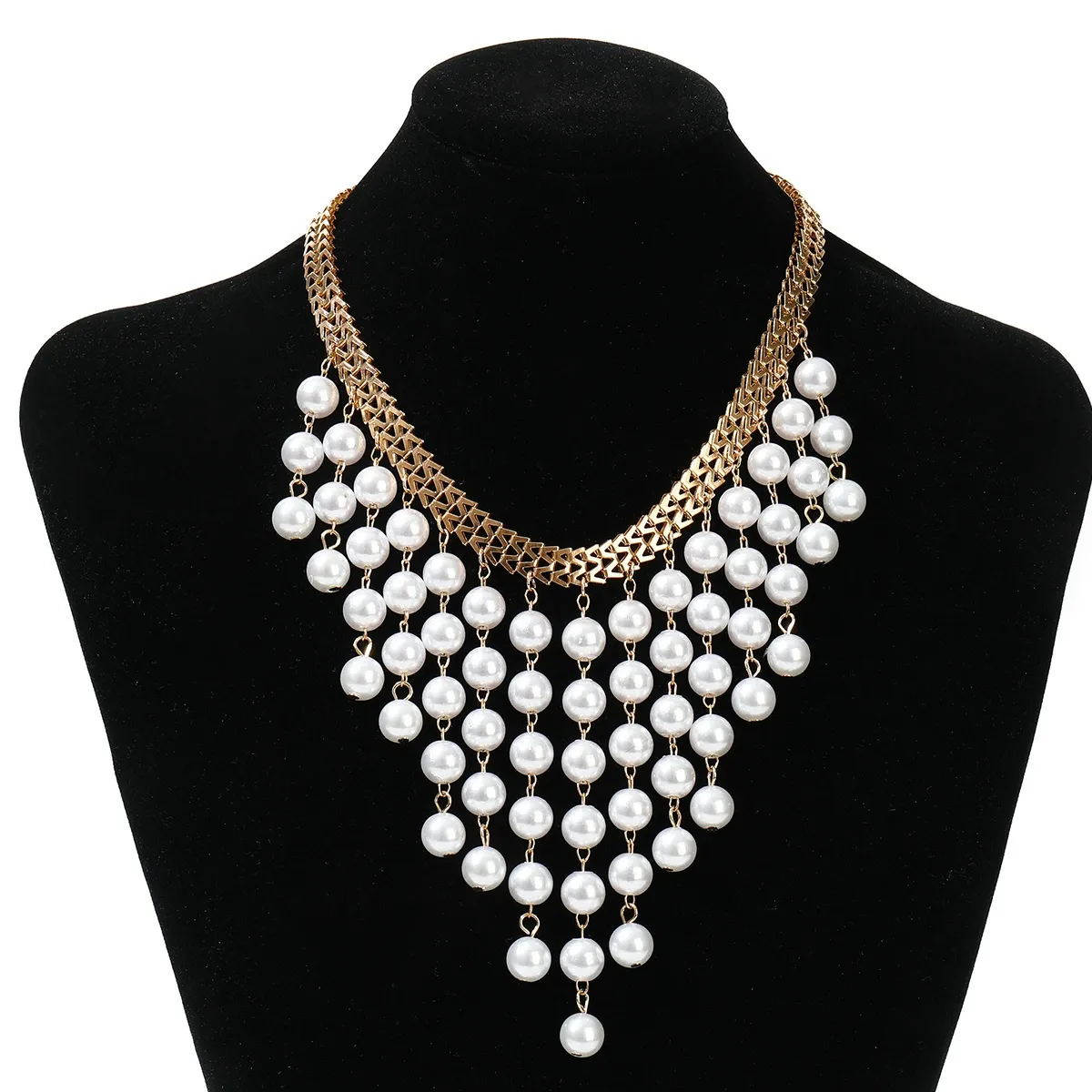 Multi-layer long pearl tassel necklace trendy personality clavicle chain