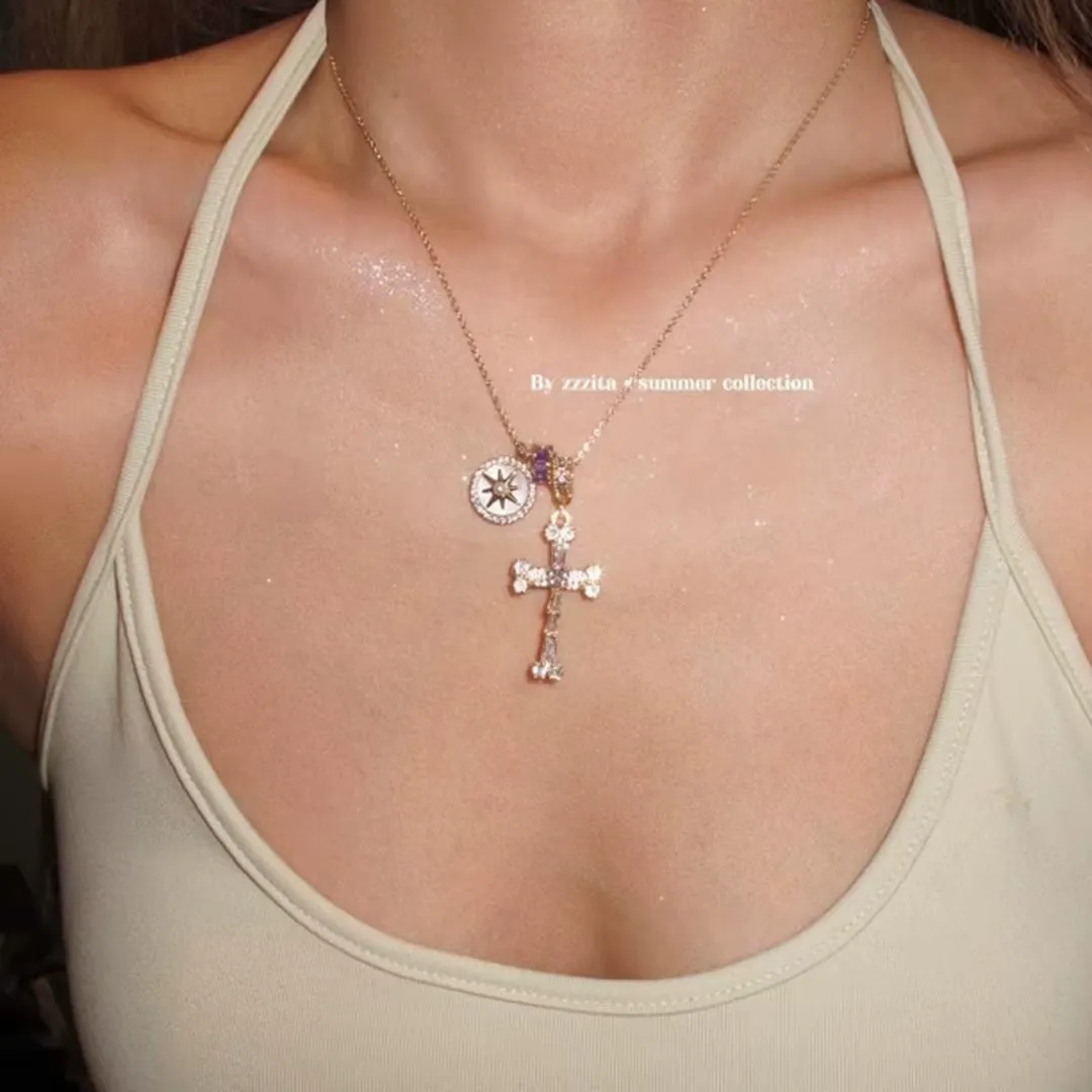 Fearless Heart Sweet and Cool Octagonal Clavicle Chain, Exquisite Purple and Pink Cross Necklace