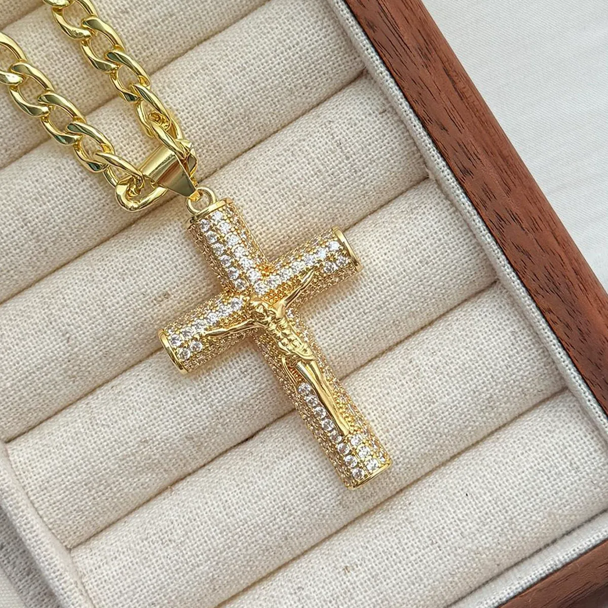 Large Diamond Cross Gold-Plated Cuban Chain Necklace with Pendant Hip-Hop Fashion Jewelry