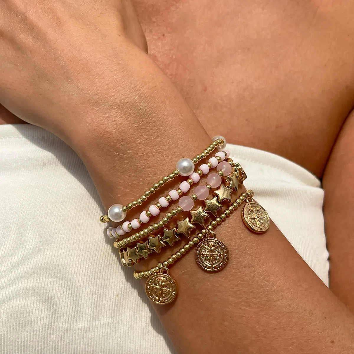 Bohemian ins five-pointed star beaded elastic bracelet fashionable metal bracelet