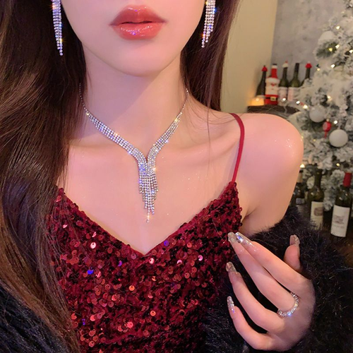 Vintage diamond tassel clavicle necklace and earrings set