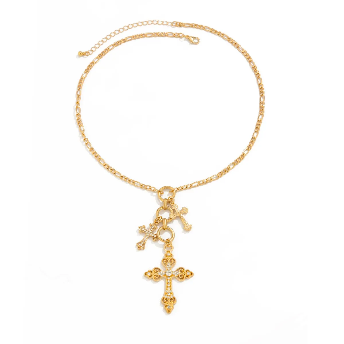 Retro alloy diamond cross necklace Fashionable women's ins style metal chain necklace