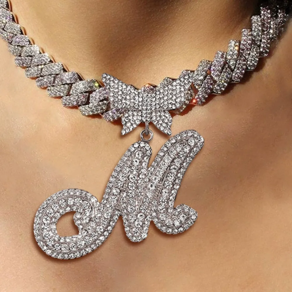 Popular butterfly buckle full diamond hip-hop pendant, M English letter rhinestone necklace