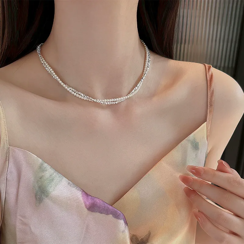 Pearl geometric silver necklace, non-fading fashion clavicle necklace