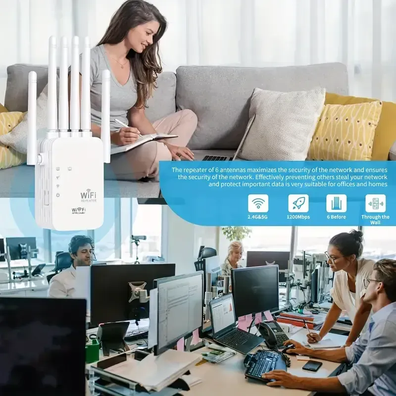 Wifi Extender, Wifi Signal Booster, Compatible with WIFI6, Equipped with an Ethernet Port, Featuring 6 Antennas for 360° Coverage, Reaching Up to 11, 000 Square Feet, Suitable for Over 35 Devices, And Can Be Set Up with Just One Click As a Home Wifi Repeater.