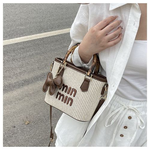 Fashion contrast color straw bamboo basket bag bucket bag hand-held shoulder crossbody bag women's bag