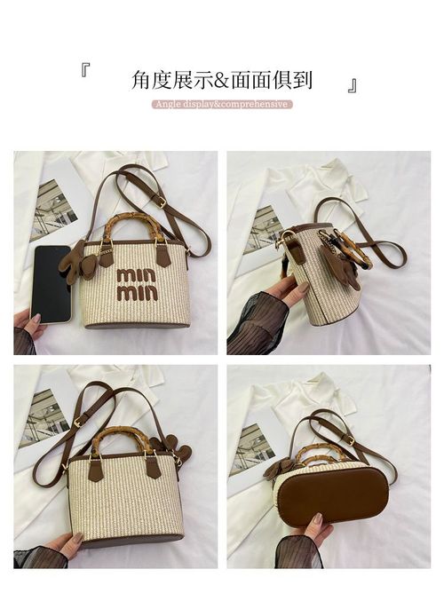 Fashion contrast color straw bamboo basket bag bucket bag hand-held shoulder crossbody bag women's bag