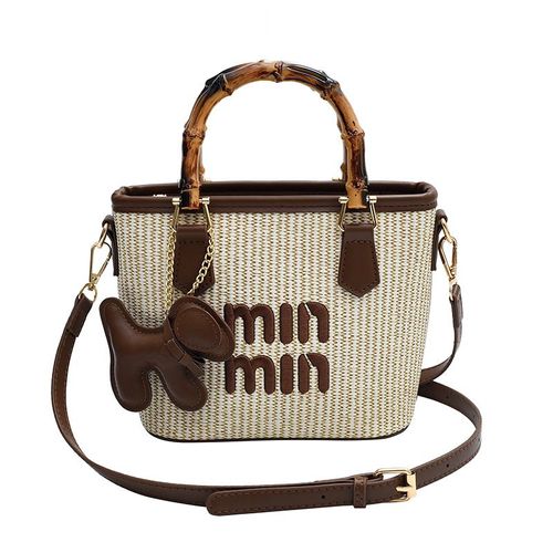 Fashion contrast color straw bamboo basket bag bucket bag hand-held shoulder crossbody bag women's bag