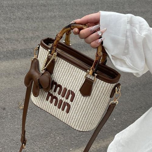 Fashion contrast color straw bamboo basket bag bucket bag hand-held shoulder crossbody bag women's bag