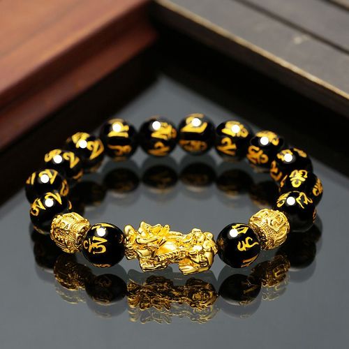 Imitation obsidian gold-plated Pixiu bracelet Six-character mantra color-preserving gold bead bracelet Good fortune jewelry for men