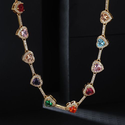 Custom 18K Gold Plated Multicolor Heart Gem Stone Chain Love Jewelry Rainbow Colored Zircon CZ Gemstone Necklace for Women Men