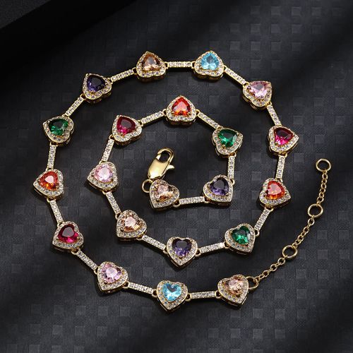 Custom 18K Gold Plated Multicolor Heart Gem Stone Chain Love Jewelry Rainbow Colored Zircon CZ Gemstone Necklace for Women Men