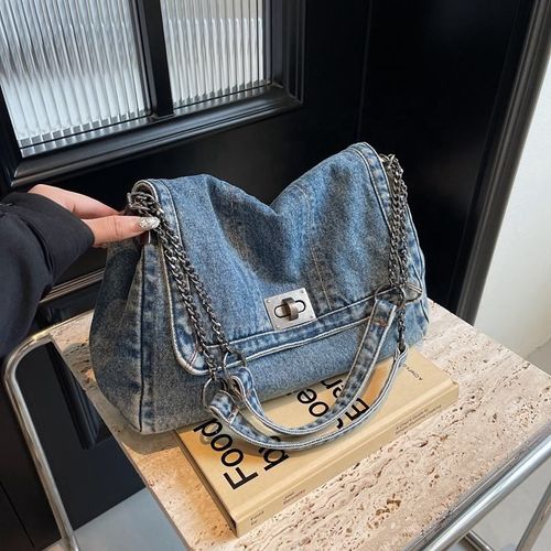 Retro casual denim bag High-end chain shoulder bag Large capacity commuter tote bag