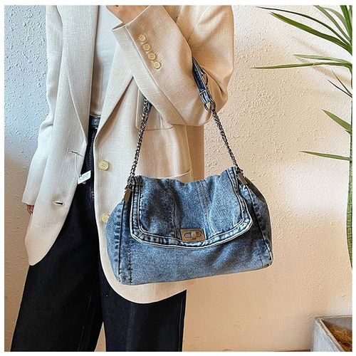 Retro casual denim bag High-end chain shoulder bag Large capacity commuter tote bag