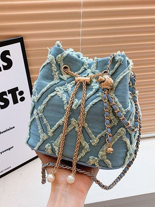 Ladies Splicing Crossbody Bags Fashion Women Chain String Jeans Tote Large Capacity Phone Wallet Shoulder Bag Denim Bucket Bag