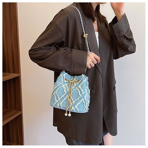 Ladies Splicing Crossbody Bags Fashion Women Chain String Jeans Tote Large Capacity Phone Wallet Shoulder Bag Denim Bucket Bag