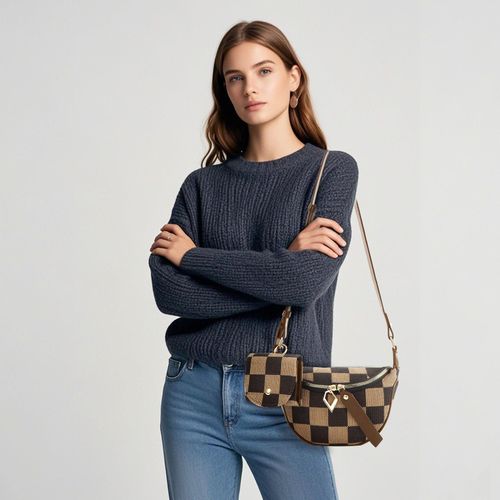 Women's Trendy All-Match Crossbody Bag Fashionable Plaid Waist Bag Waterproof Casual Tote Earphone Chessboard Chest Bag