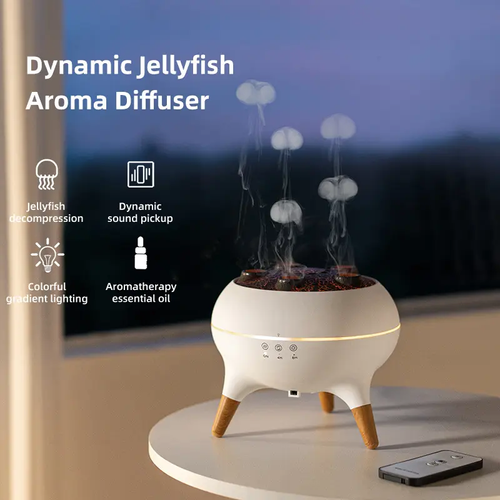 3D Simulated Flame Aromatherapy Diffuser Timing Jellyfish Spray Dynamic Sound Pickup Remote Control Ultrasonic Air Humidifier