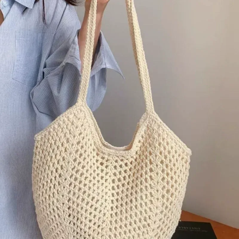 Women Cotton Woven Handbag for Women Shoulder Crochet Tote Beach Bag Straw Bag