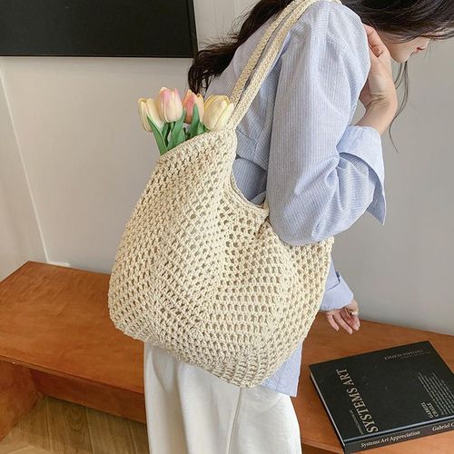 Women Cotton Woven Handbag for Women Shoulder Crochet Tote Beach Bag Straw Bag