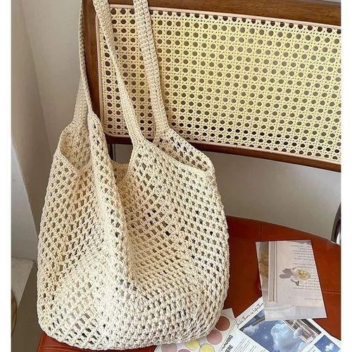 Women Cotton Woven Handbag for Women Shoulder Crochet Tote Beach Bag Straw Bag