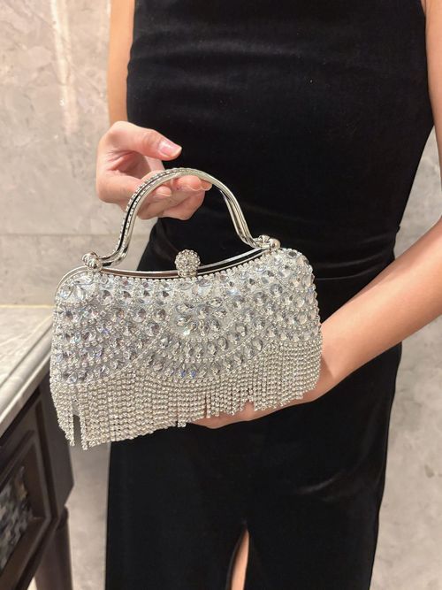 New Fashion Women Luxury Square Clutch Bag Ladies Tassel Evening Rhinestones Handbag Chain Shoulder Lady Wedding Party Purse Bag
