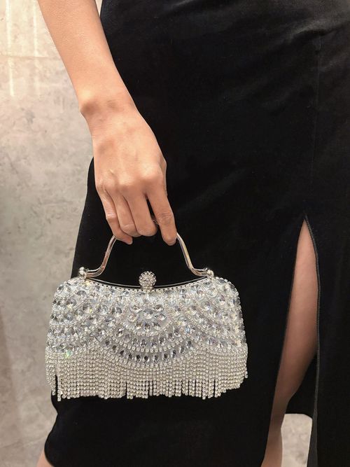 New Fashion Women Luxury Square Clutch Bag Ladies Tassel Evening Rhinestones Handbag Chain Shoulder Lady Wedding Party Purse Bag
