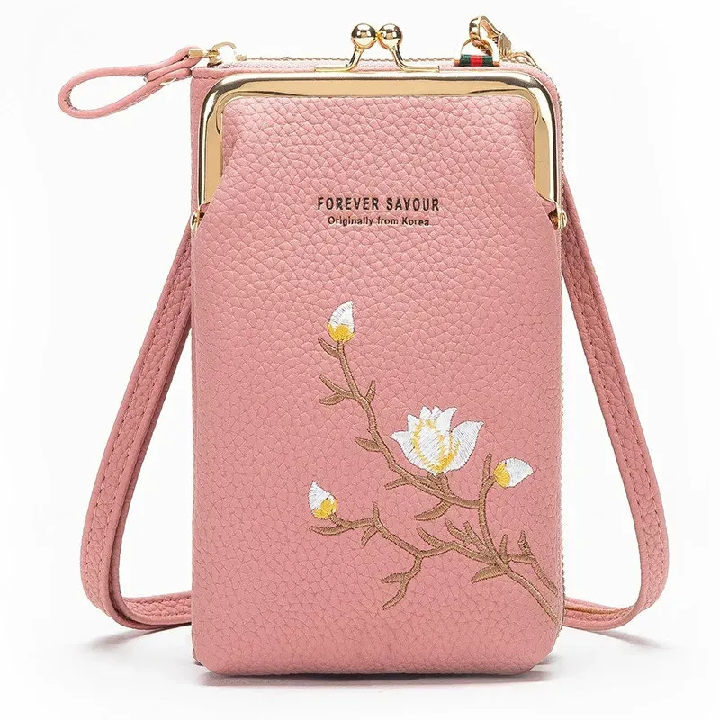 2025 New Embroidered Flower Phone Bag Single PU Shoulder Bags Multi-function Crossbody Bags Long Wallets with Detachable Strap