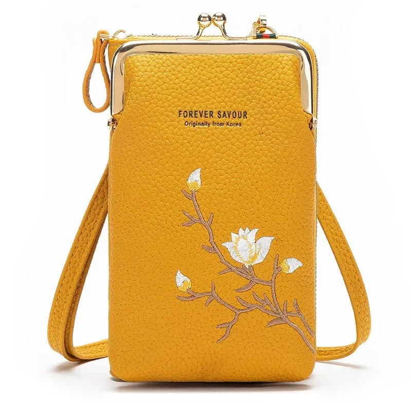 2025 New Embroidered Flower Phone Bag Single PU Shoulder Bags Multi-function Crossbody Bags Long Wallets with Detachable Strap