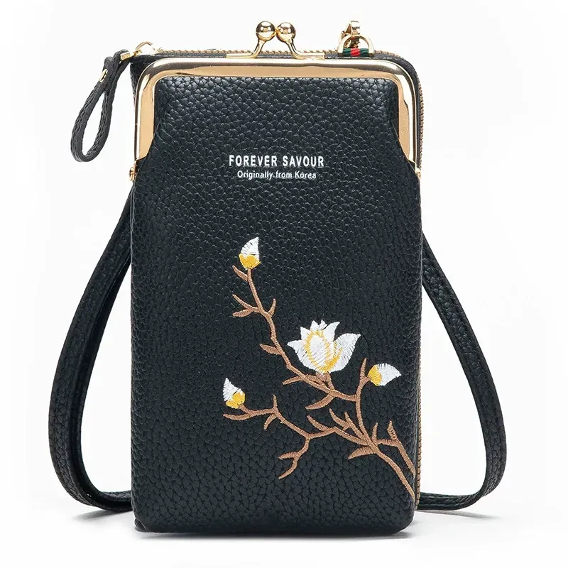 2025 New Embroidered Flower Phone Bag Single PU Shoulder Bags Multi-function Crossbody Bags Long Wallets with Detachable Strap